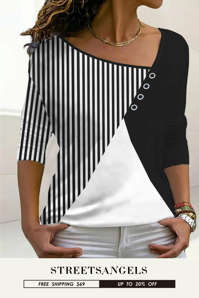 Fashion V-Neck Colorblock Striped Print Loose Casual  Blouses
