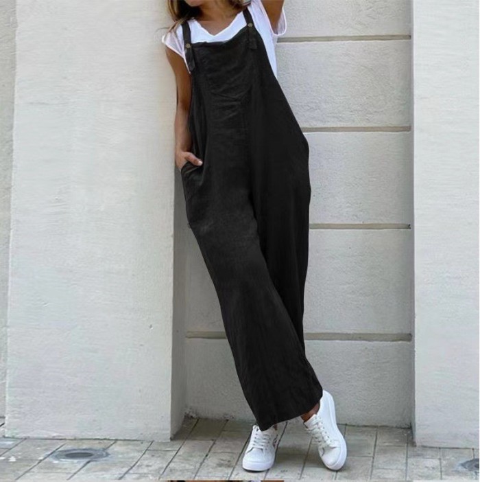 Sling Solid Color Casual High Waist Cotton Linen Pocket Loose Jumpsuits