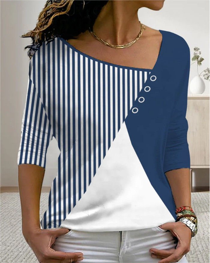 Fashion V-Neck Colorblock Striped Print Loose Casual  Blouses