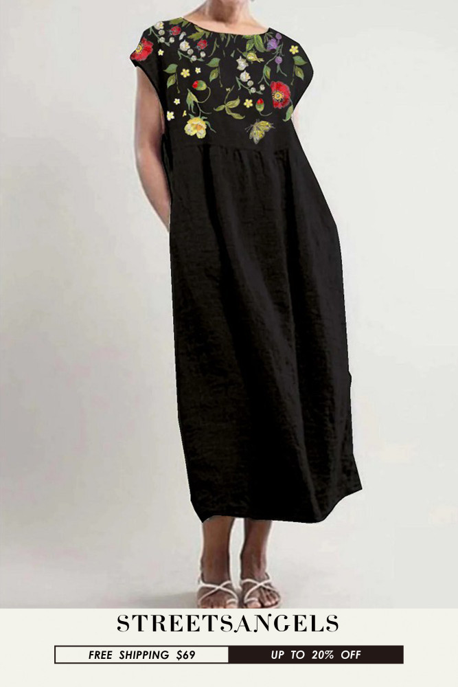 Women's Printed Linen Art Retro Loose Round Neck Midi Dress