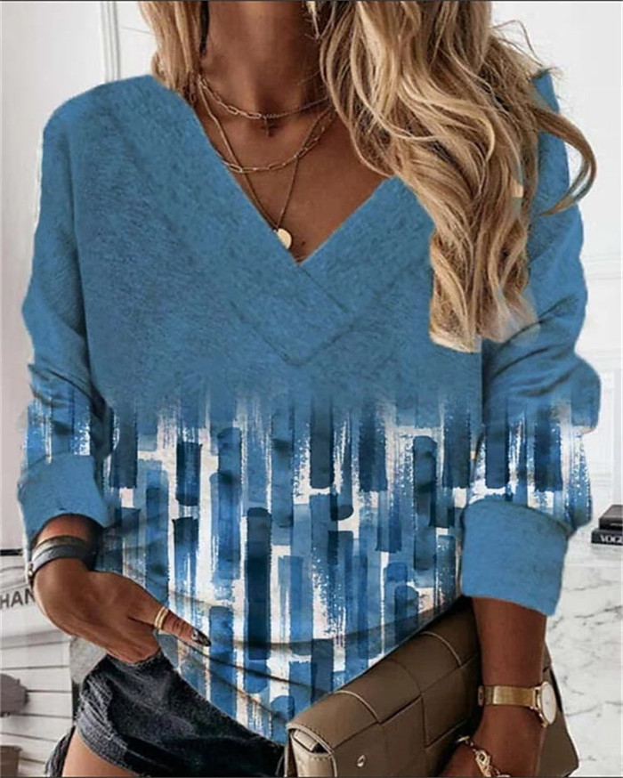 Fashion V-Neck Loose Geometric Color Block Print Casual Sweatshirt