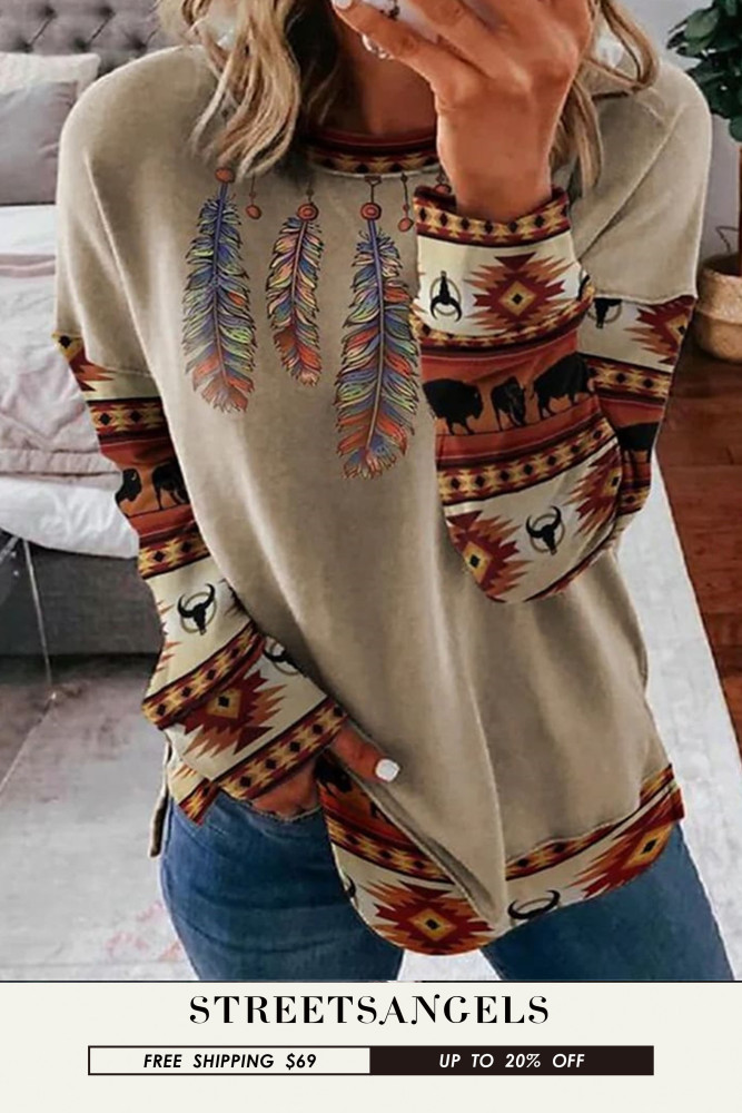 Fashion Women's Vintage Print Round Neck Loose Street Sweatshirt