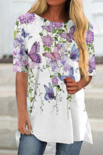 Fashion Casual Flower Printed Short Sleeve O Neck T-Shirts