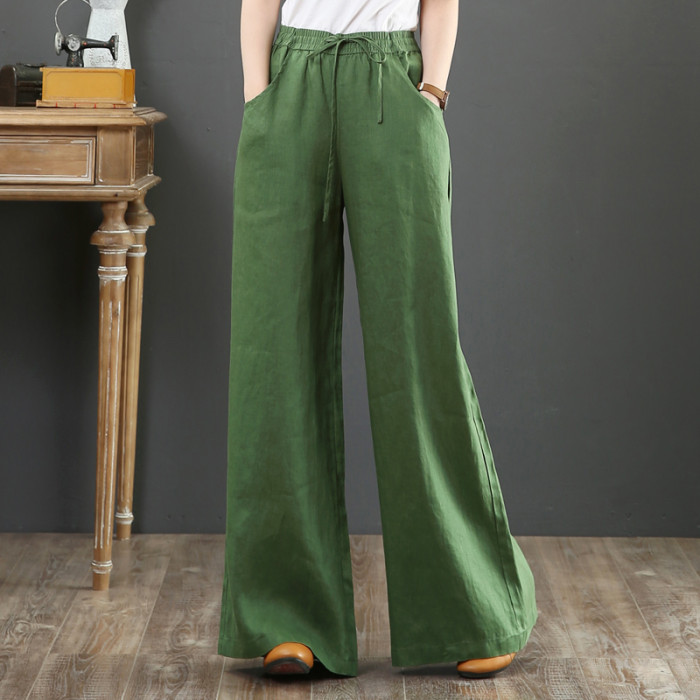 Women's 100% Linen Elastic Pocket Loose Vintage Pants