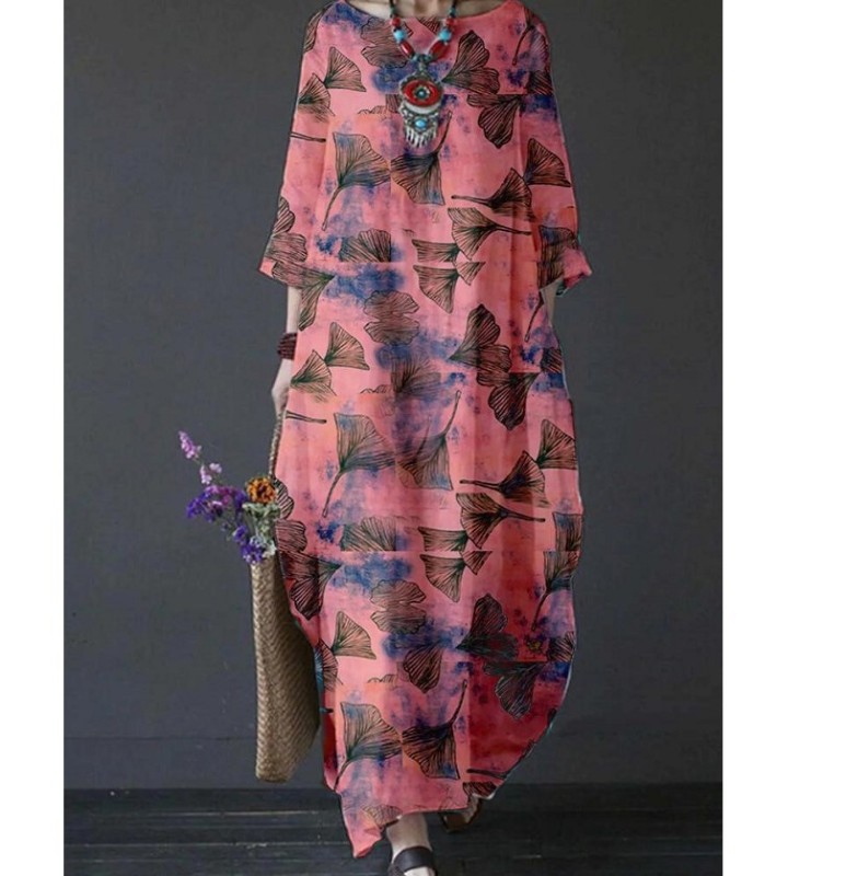 Fashion Women's Boho Print Crew Neck 3/4 Sleeve  Maxi Dress