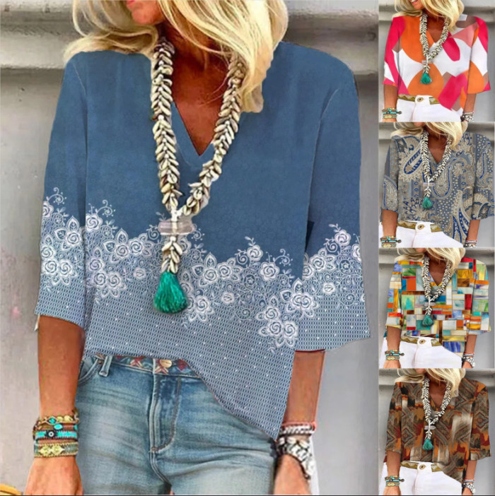 Sexy V-Neck Print Casual 3/4 Sleeve Ethnic Blouses
