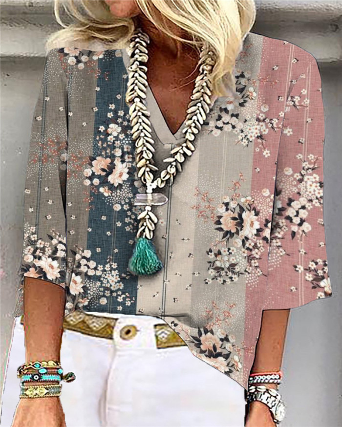 Casual Floral Print Loose V Neck Loose Half Sleeve Fashion  Blouses