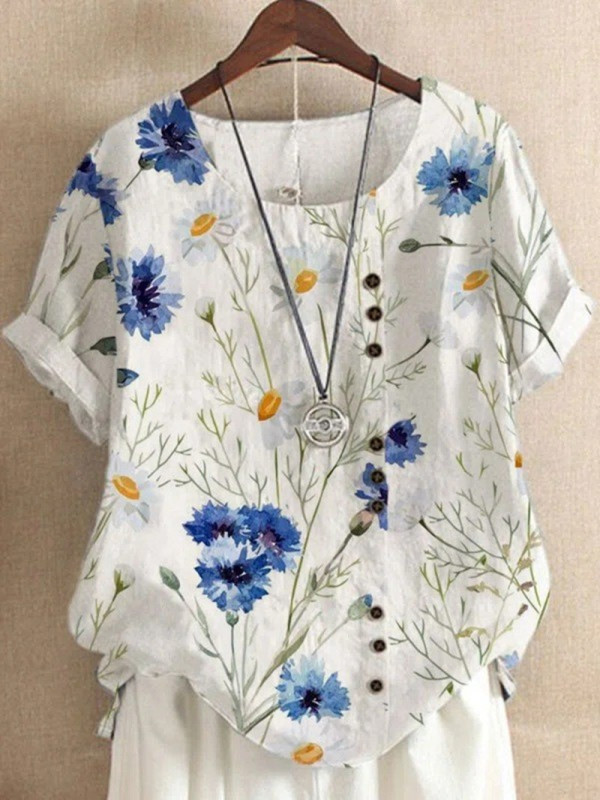 Fashion Women Short Sleeve Floral Print O-Neck Casual Loose  Blouses