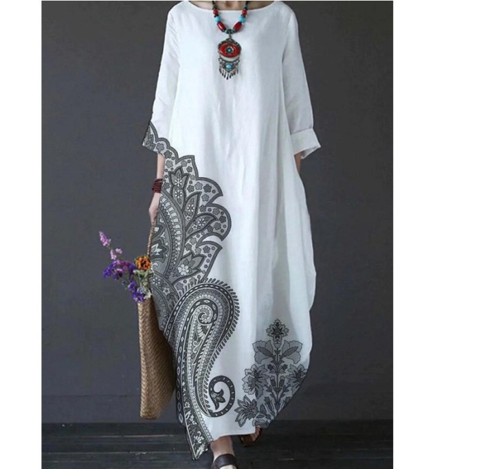 Fashion Elegant Printed O Neck Casual Retro Loose Maxi Dress