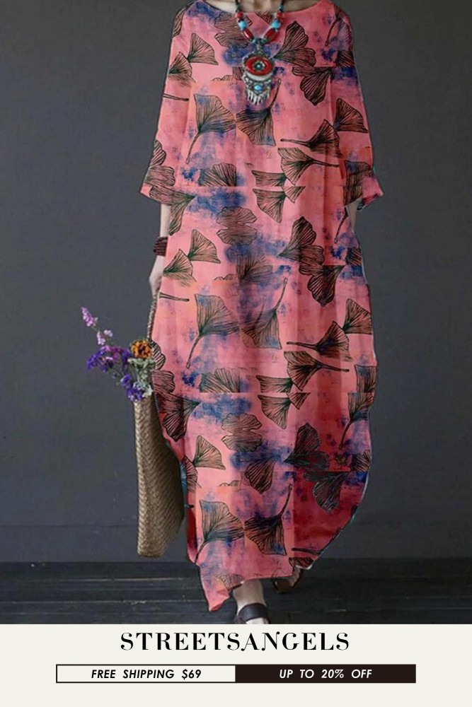 Fashion Women's Boho Print Crew Neck 3/4 Sleeve  Maxi Dress