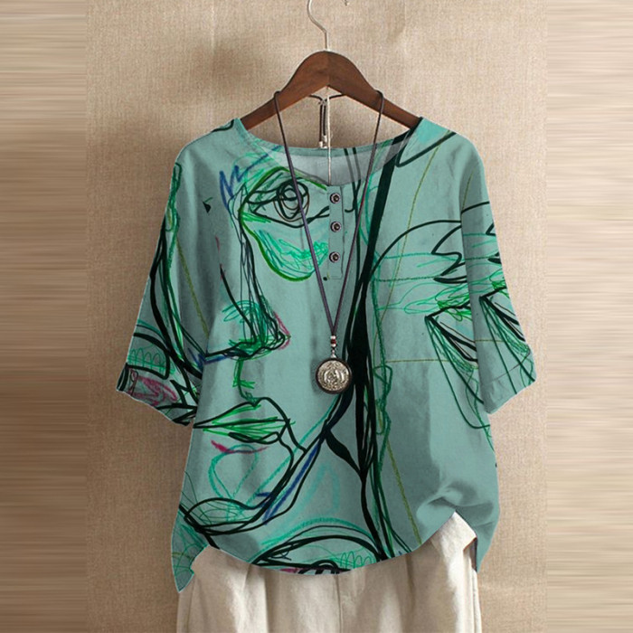 Fashion Floral Printed Women Casual O Neck Half Sleeve  Blouses