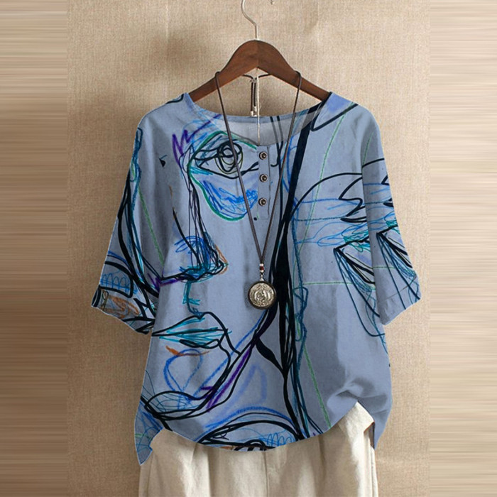 Fashion Floral Printed Women Casual O Neck Half Sleeve  Blouses