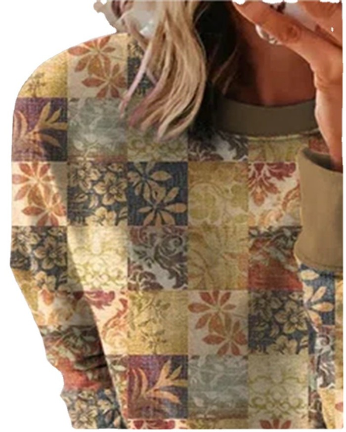 Fashion Women's Vintage Print Round Neck Loose Street Sweatshirt