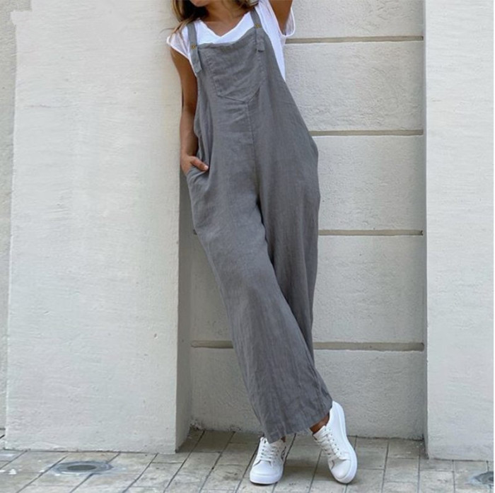 Sling Solid Color Casual High Waist Cotton Linen Pocket Loose Jumpsuits