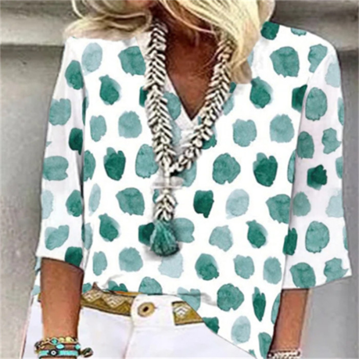 Stylish V-Neck Polka Dot Print Loose Casual  Blouses