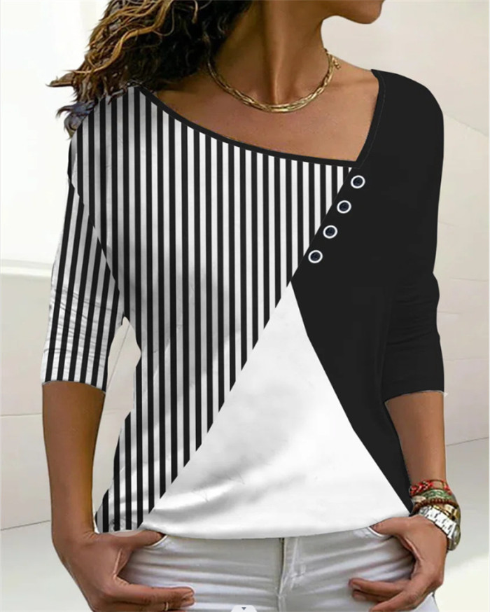 Fashion V-Neck Colorblock Striped Print Loose Casual  Blouses