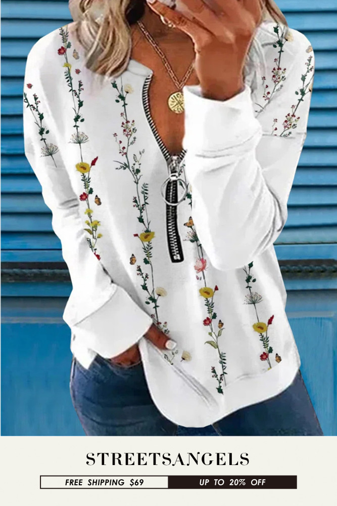 Ladies Fashion Floral Casual Sports Zip Pullover Sweatshirt