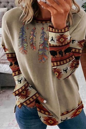 Fashion Women's Vintage Print Round Neck Loose Street Sweatshirt