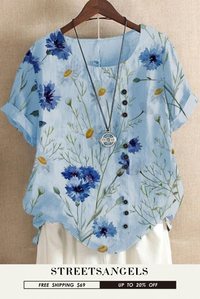 Fashion Women Short Sleeve Floral Print O-Neck Casual Loose  Blouses