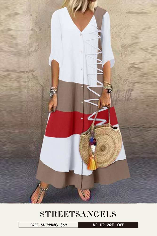 Fashion Patchwork Elegant Casual Print V Neck Maxi Dress