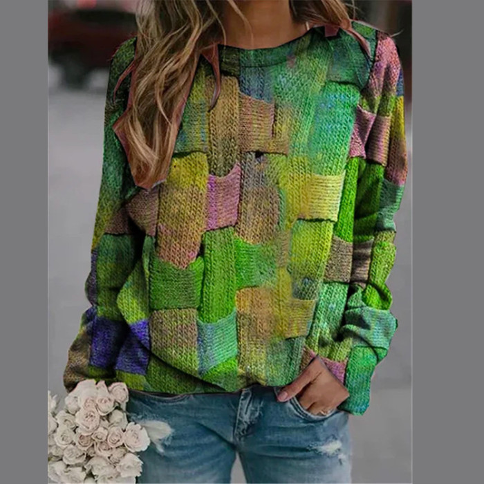 Printed Women's Colorful Patchwork Plaid Loose Vintage Sweatshirt