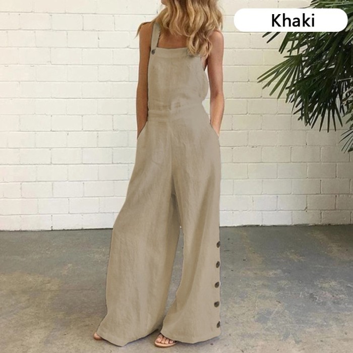 Solid Color  Button Casual Sleeveless Fashion Wide Leg Jumpsuit