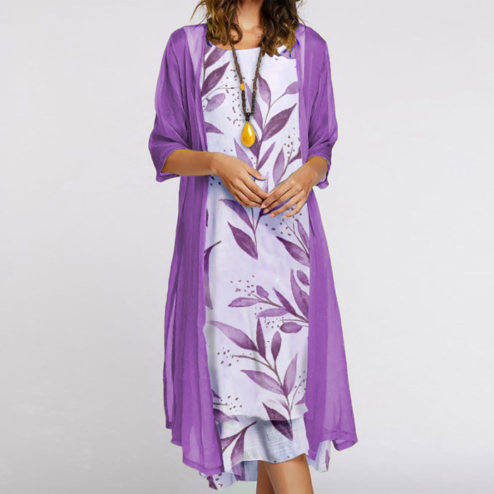 Fashion Sleeveless O Neck Print Loose Dress Casual Cardigan Two Piece