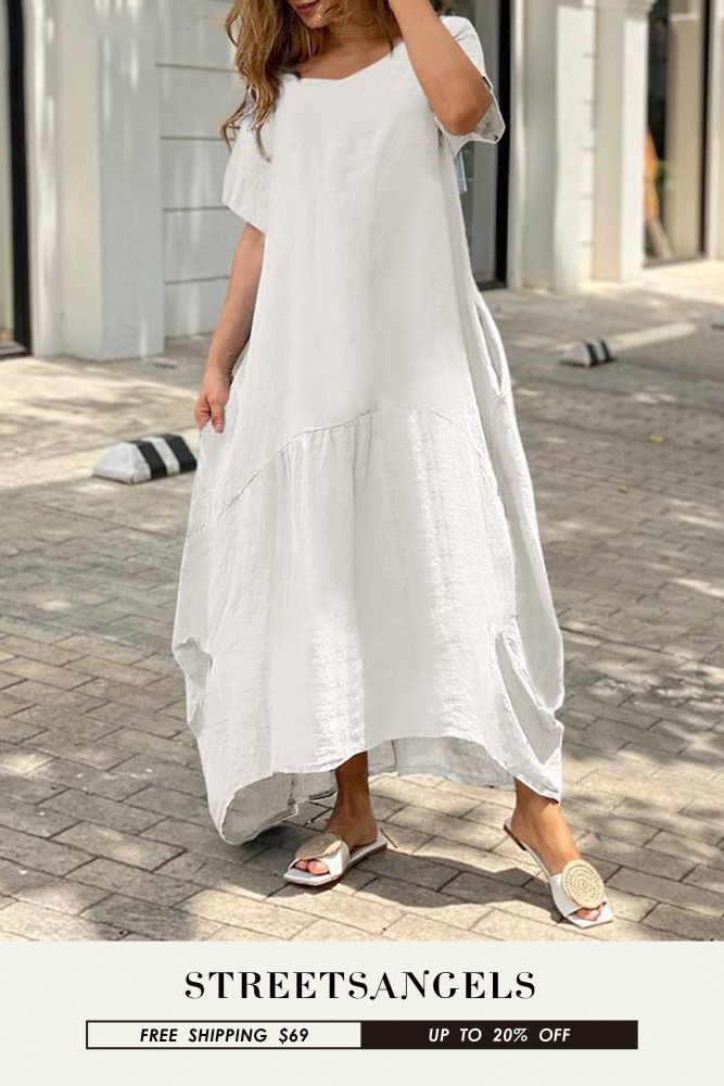 Bohemian Fashion Casual Loose Cotton Solid Color Swing Maxi Dress