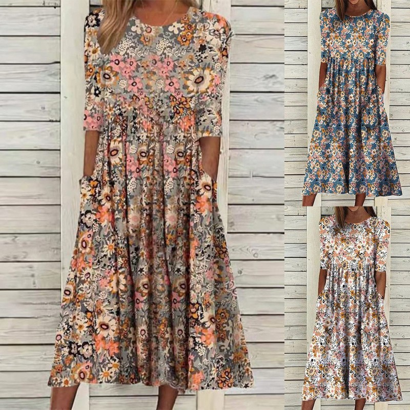 Casual Round Neck Vintage Print Fashion Boho Loose V Neck Midi Dress