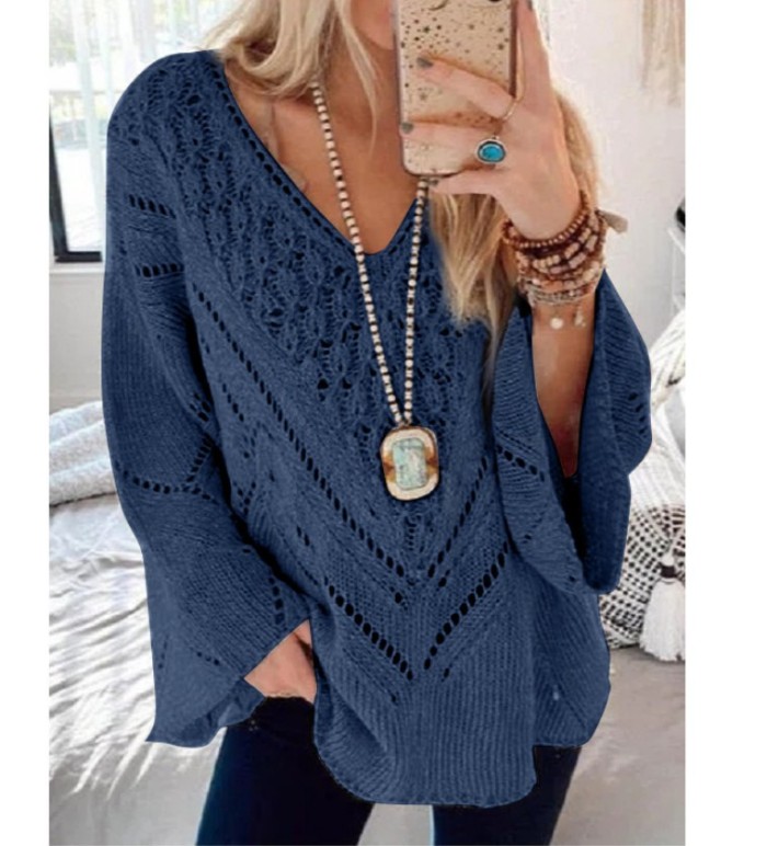 Fashion Loose Solid Color Hollow V-Neck Women's Sweater