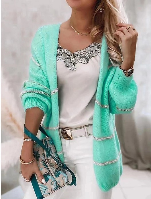 Fashion Women's Loose Patchwork Contrast Color Sweater Cardigan