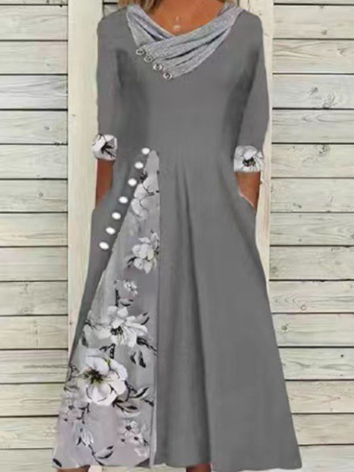 Fashion Plaid Print Boho Elegant Casual V Neck Pocket  Midi Dress