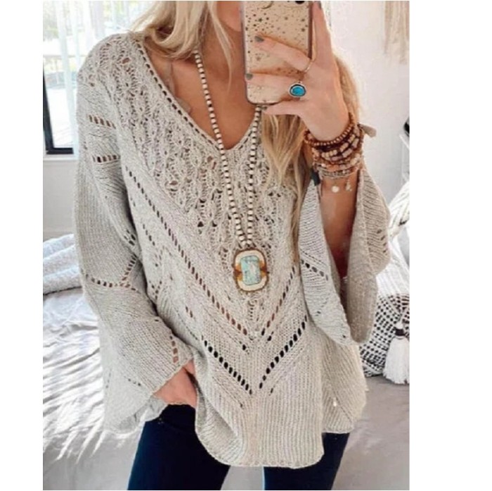 Fashion Loose Solid Color Hollow V-Neck Women's Sweater