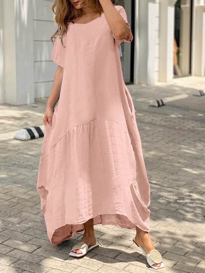 Bohemian Fashion Casual Loose Cotton Solid Color Swing Maxi Dress