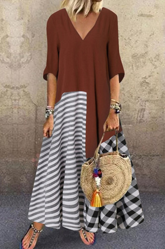 Search Vintage V Neck Fashion Patchwork Casual Loose Maxi Dress