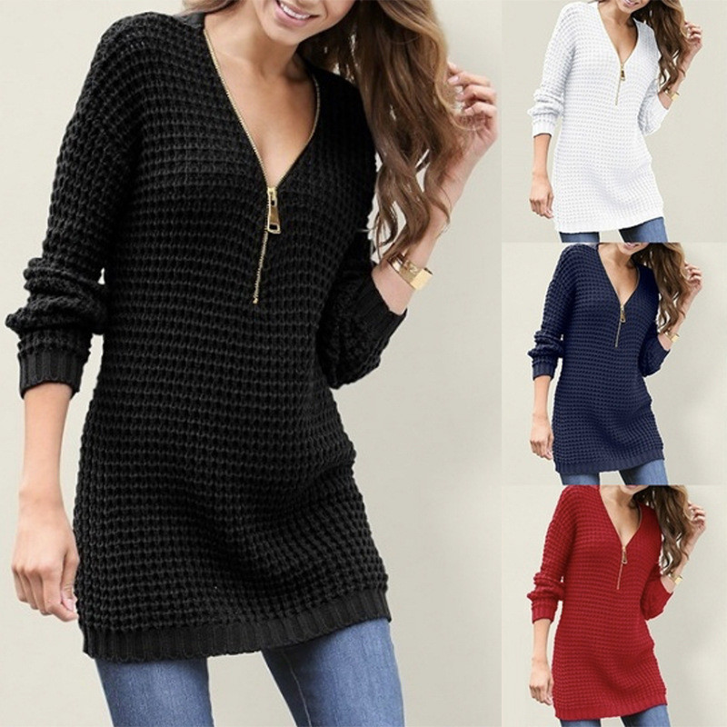 New Women's Middle And Long Zipper V-neck Sweaters