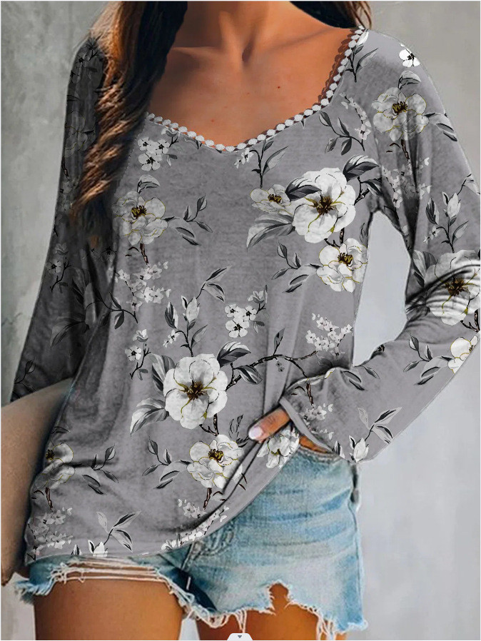 Fashion Elegant Lace Floral Print Casual V-Neck Loose T-Shirt