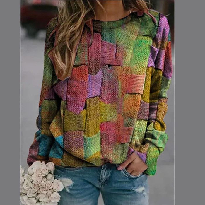 Printed Women's Colorful Patchwork Plaid Loose Vintage Sweatshirt