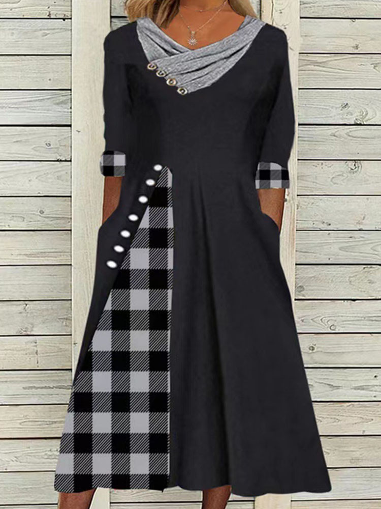 Boho Loose-Fit V-Neck Midi Dress with Patchwork & Print Designs
