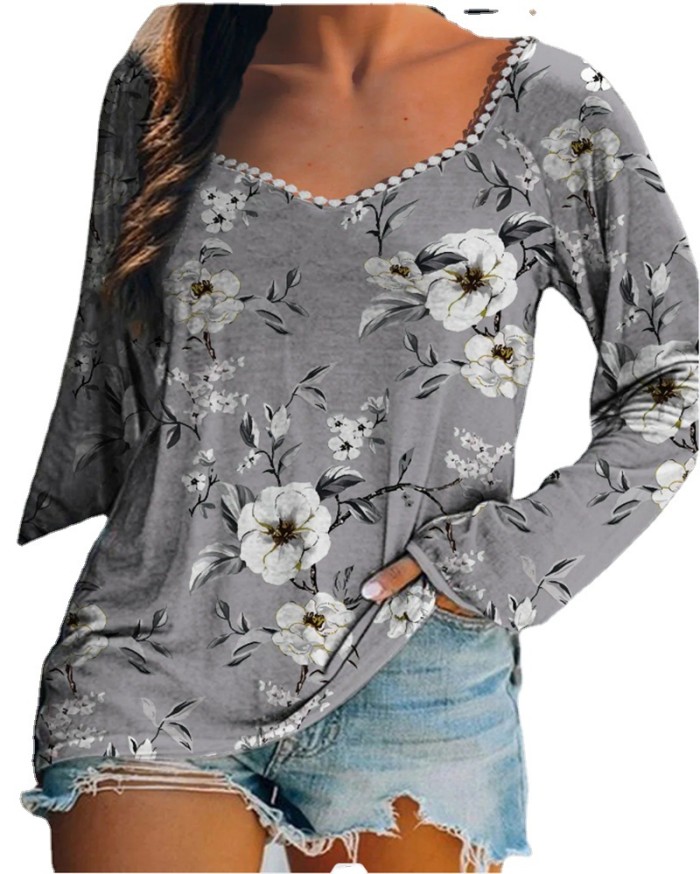 Fashion Elegant Lace Floral Print Casual V-Neck Loose T-Shirt