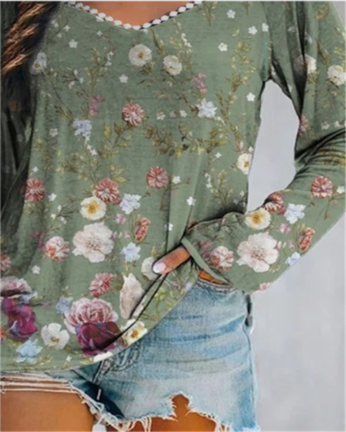 Fashion Elegant Lace Floral Print Casual V-Neck Loose T-Shirt