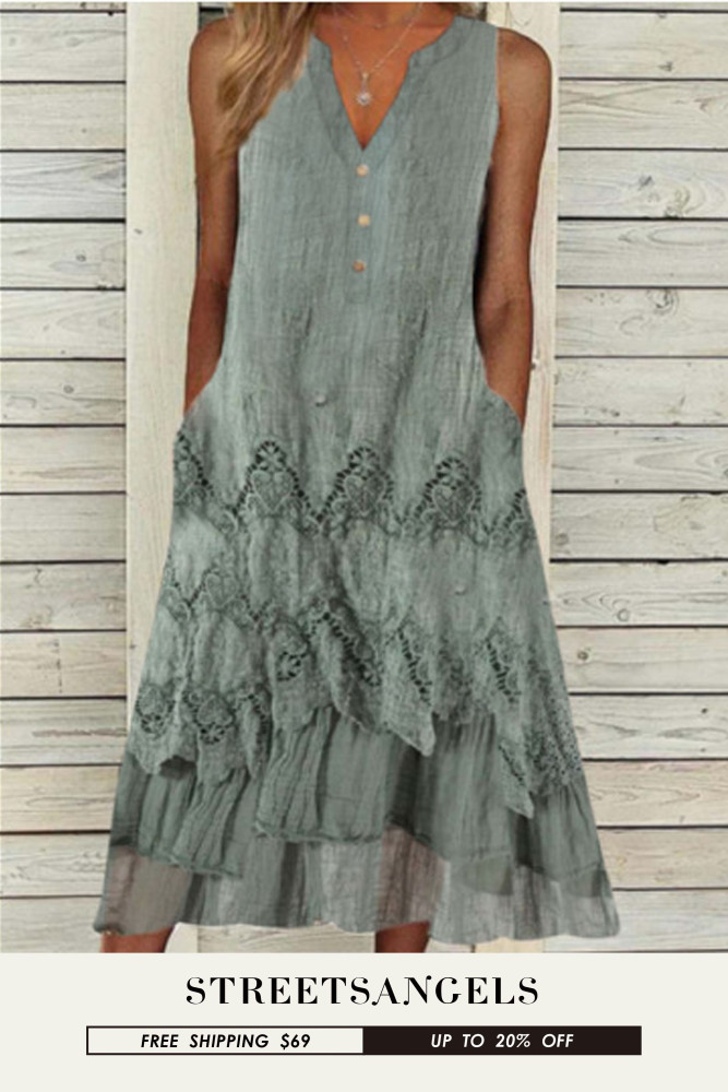 Fashion Casual Tie Dye Vintage Loose V-Neck A-Line  Midi Dress