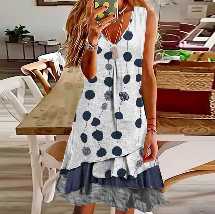 Women's Fashion Loose Polka Dot V-Neck Fake Two Piece Casual Dress