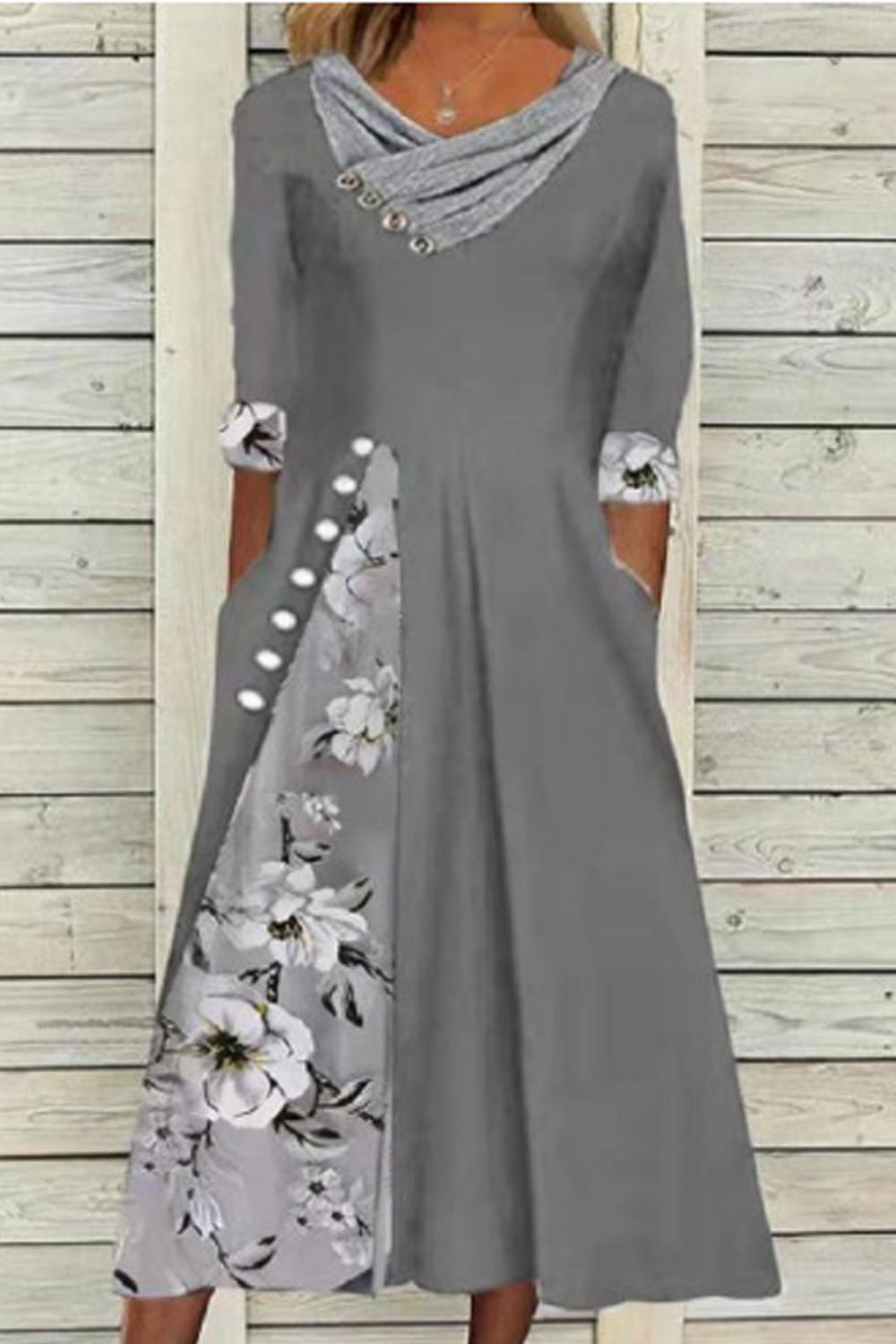 Boho Loose-Fit V-Neck Midi Dress with Patchwork & Print Designs