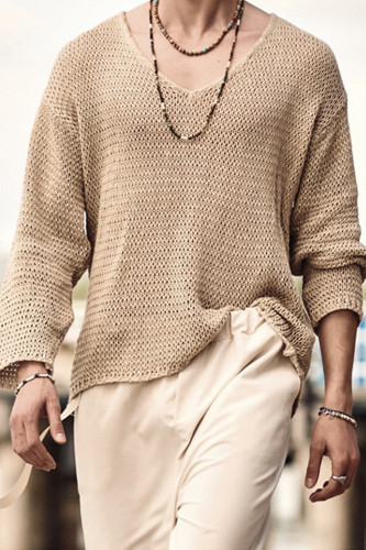 Men's Fashion Solid Color Loose Casual V-Neck Simple Sweater