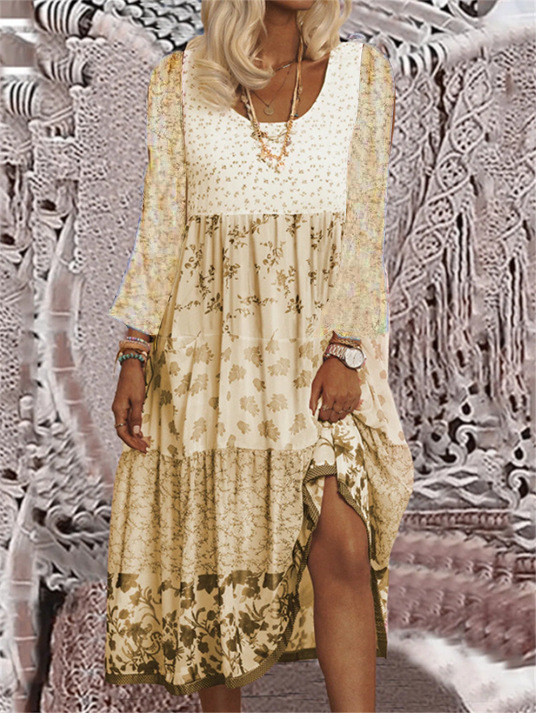 Elegant O Neck Floral Loose Long Sleeve Fashion Casual  Midi Dress