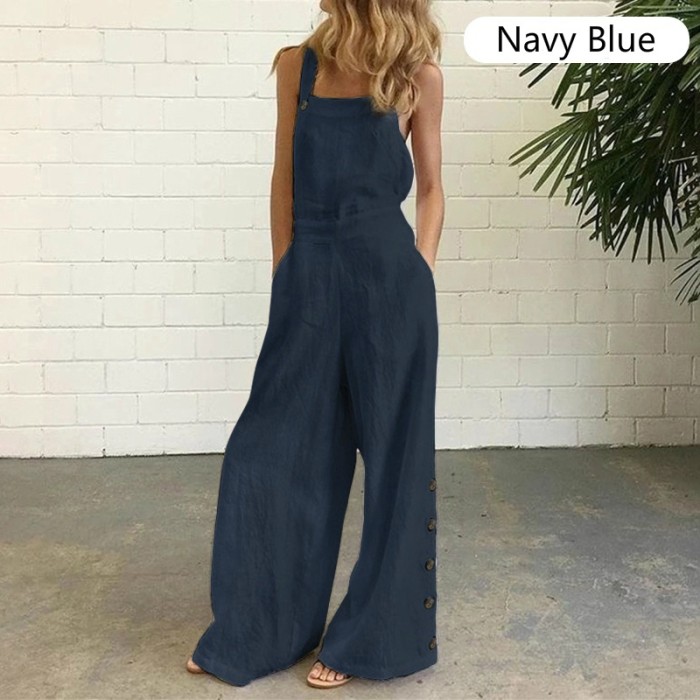 Solid Color  Button Casual Sleeveless Fashion Wide Leg Jumpsuit