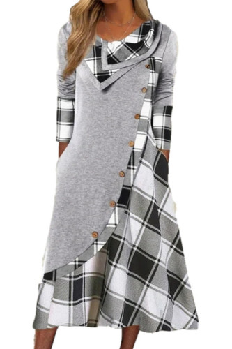 Fall Women's Plaid Panel Button Pocket Pile Collar  Midi Dress