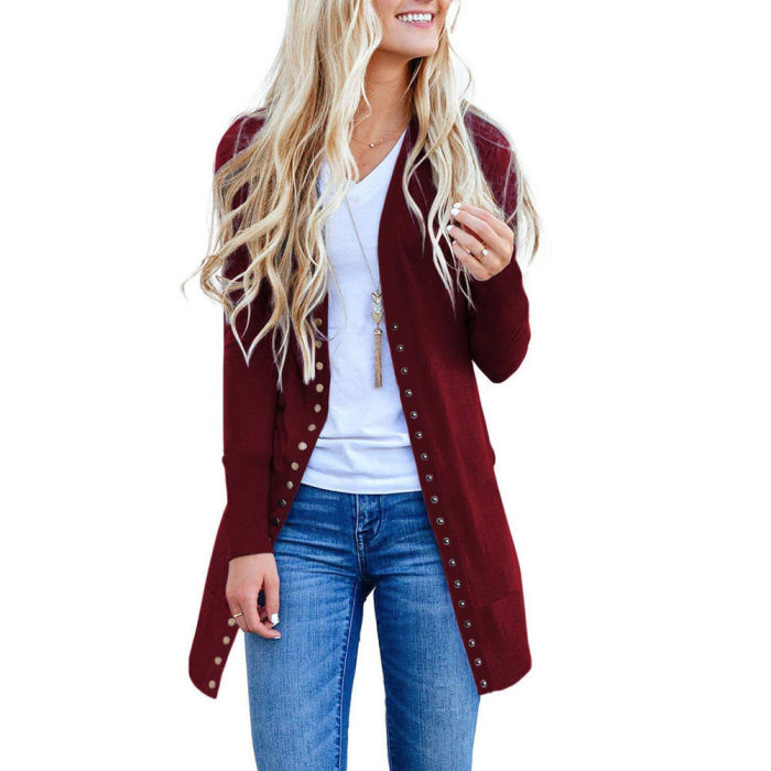 Fashion Long Sleeve Button Casual Loose Solid Color Cardigan