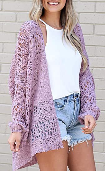 Women Solid Crochet Deep V-Neck Long Sleeve Knitted Cardigans
